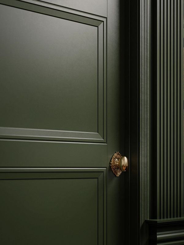 close-up shot of a dark green interior door with bronze handle in the dark academia interior design trend